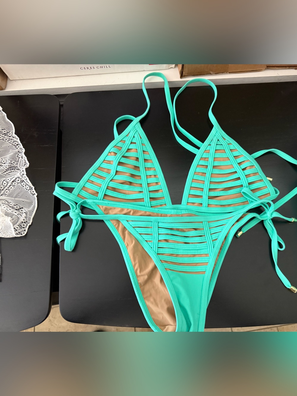 Beach Bunny Turquoise Triangle Bikinii Top and cheeky bottoms